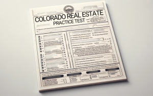 Top shot of a Colorado practice real estate license test showing multiple choice questions against a white background.